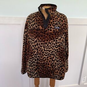 Lands End Girls’ Size Large 12-14 Leopard Print Fleece 1/4 Button Up Pullover